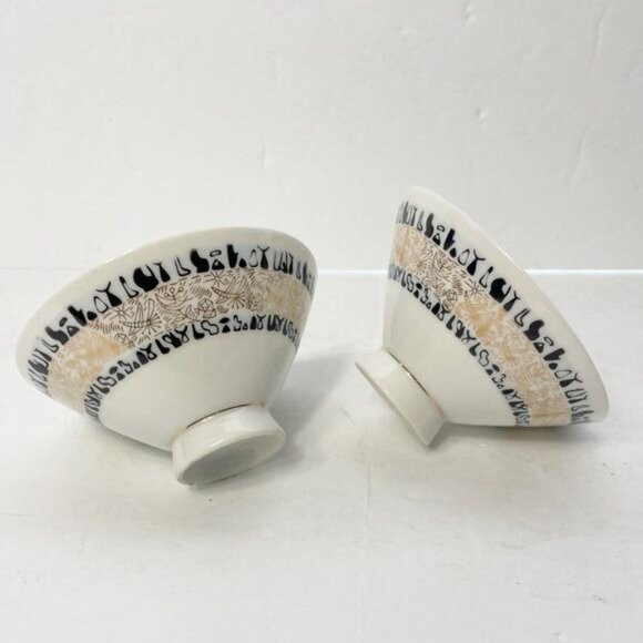Set of Two (2) Seika China Rice Bowls Black Gold Mod Pictures Heiroglyphics - Picture 6 of 9